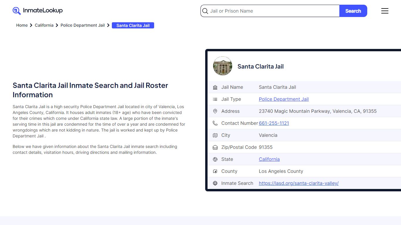Santa Clarita Jail Inmate Search - Valencia California - Inmate Lookup
